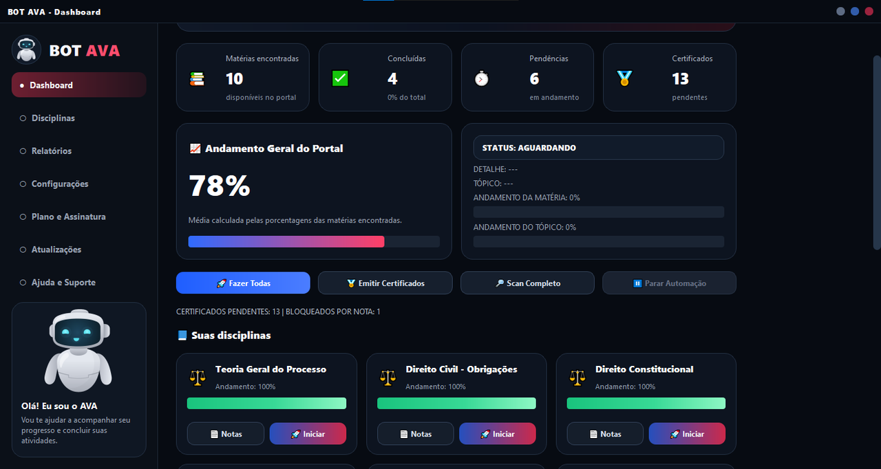 Dashboard do BOT AVA mostrando disciplinas, pendências e certificados
