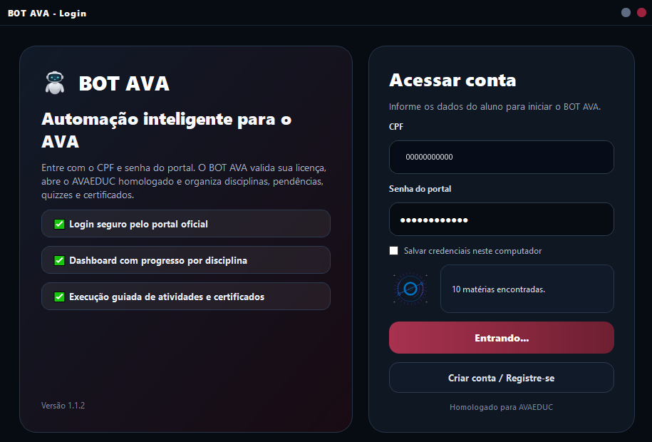 Tela de login do BOT AVA